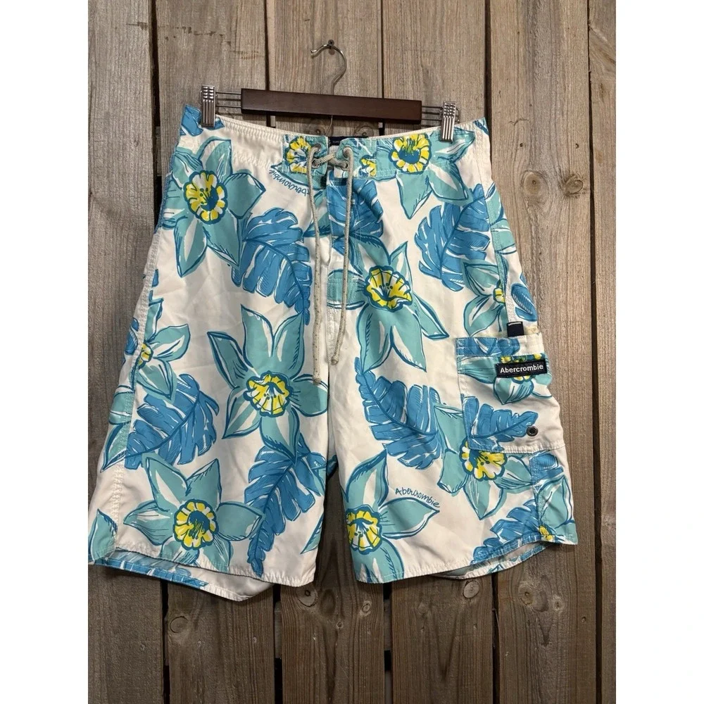 Abercrombie‎ & Fitch Board Shorts 32 Blue Floral Hawaiian Swim Surf Trunks Y2K